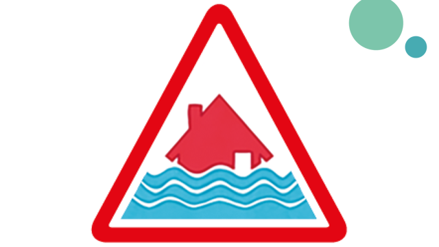 A triangle sign with a house being flooded