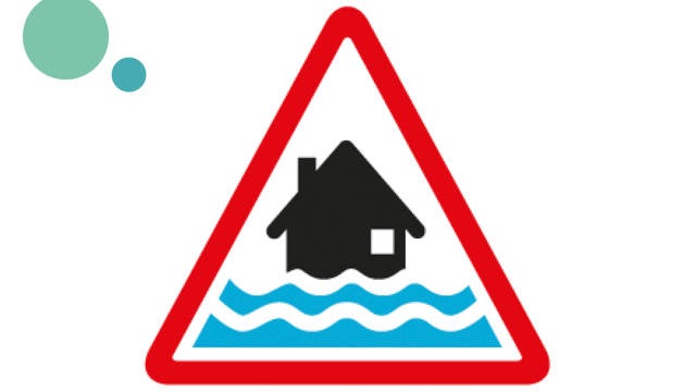 A triangle sign with a house being flooded